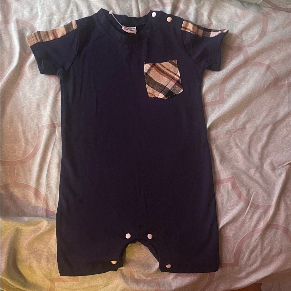 PatPat Navy Blue Kids Bodysuit with Plaid Accents